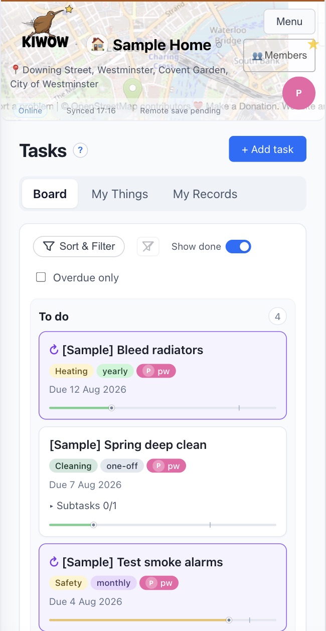Kiwow tasks board on a phone-sized screen