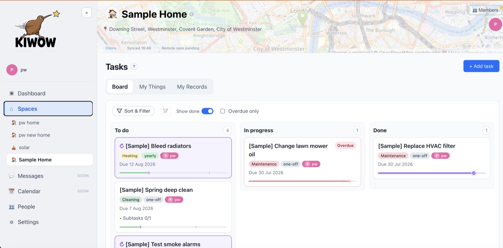 Kiwow spaces list for switching between home, boat, and car