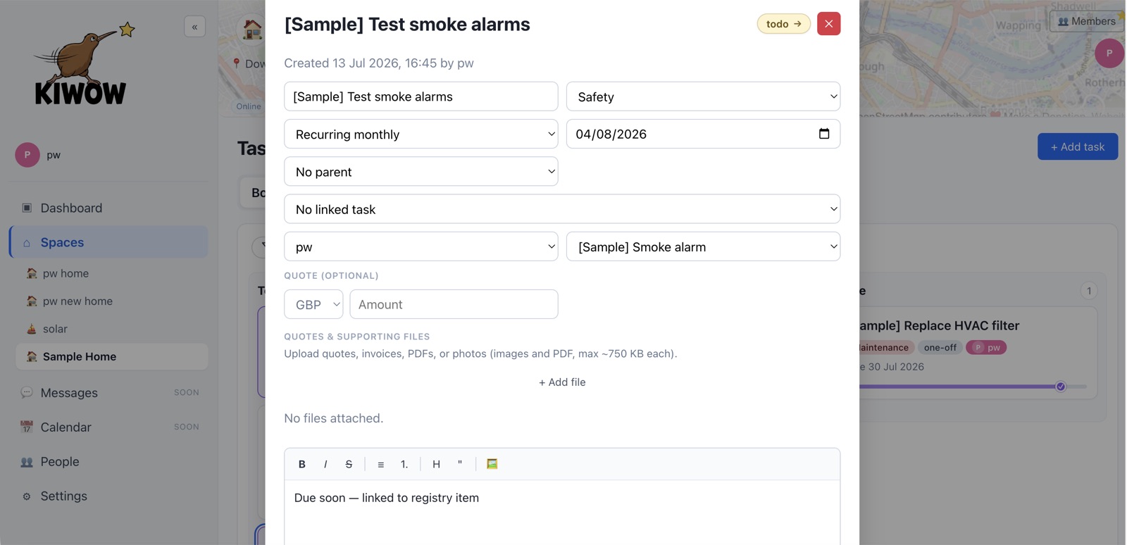 Kiwow task detail form with category, recurrence, due date, assignee, and supporting files